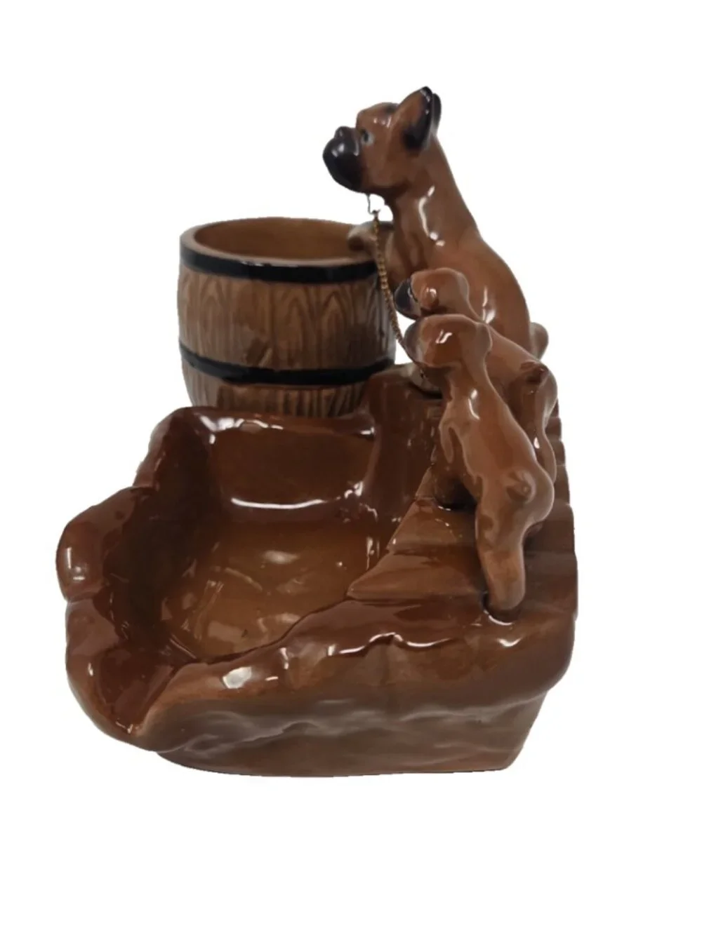 Vintage 1950s Boxer Dog Pups on Chain Figural Barrel Ashtray Bowl Chase Japan